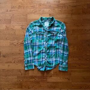 abercrombie kids flannel Shirt Top Plaid green blue white Long Sleeve girls XL